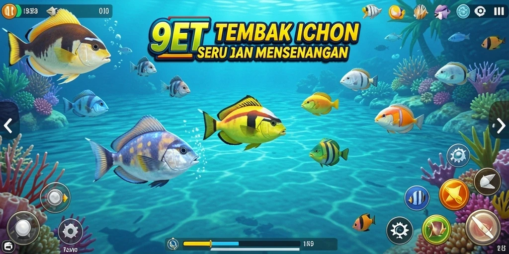 Tampilan gameplay 9ET dengan berbagai ikan dan senjata yang menarik.