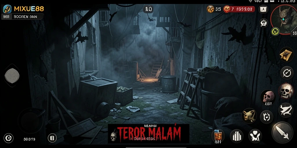 Gameplay seram di MIXUE88 dengan suasana gelap dan menegangkan.