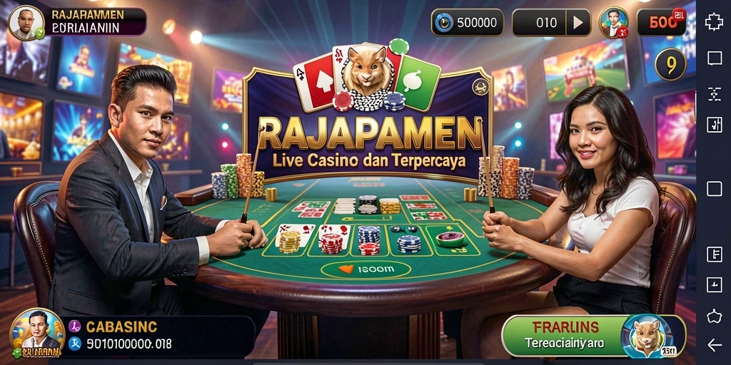 Screenshot gameplay RAJAPAMEN menunjukkan dealer profesional dan suasana kasino yang dinamis.