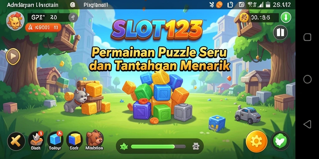 Screenshot gameplay menunjukkan level penuh warna dan teka-teki menarik di SLOT123.